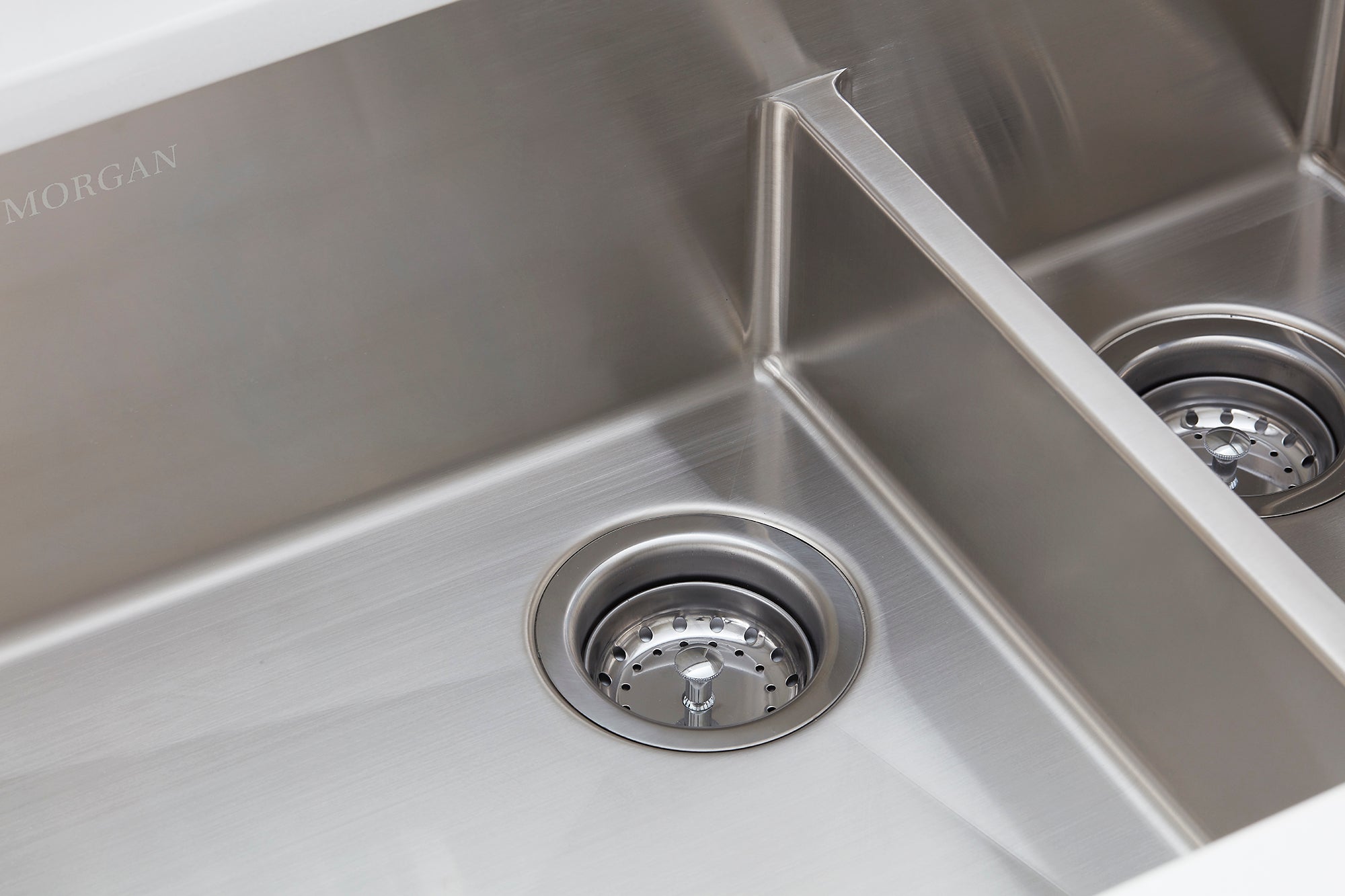 Morgan Tap and Basin Double Bowl Undermount Sink Offset Drain Close-up