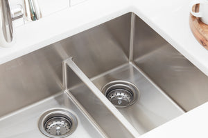 Morgan Tap and Basin 34.5in Stainless Steel Double Bowl Undermount Sink with Low Divide and Offset Corner Drain Closeup