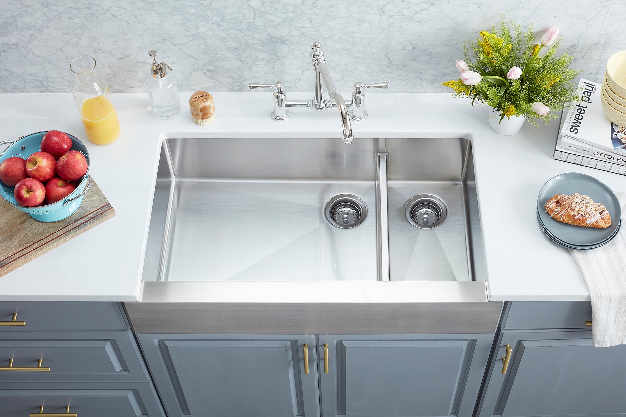 Morgan Tap and Basin Sullivan Series 34.5 inch Apron Front Stainless Steel Double Bowl Kitchen Sink with Offset Corner Drain